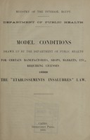 view Model conditions drawn up by the Department of Public Health for certain manufactories, shops, markets, etc., requiring licences under the "Etablissements insalubres" law.