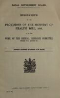 view Memorandum on the provisions of the Ministry of Health Bill, 1919, as to the work of the Medical Research Committee : (Clause 3 (1), proviso (i).) : presented to Parliament by Command of His Majesty.