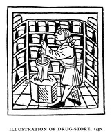 view M0000457: Interior of a drug-store, 1450, from Peters: <i>Pictorial history of ancient pharmacy</i>