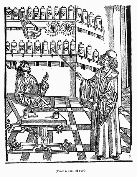 M0000458: Interior of a pharmacy, 1505, from Peters: <i>Pictorial history of ancient pharmacy</i>