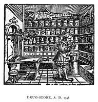 view M0000455: Interior of a Drug store, 1548, from Peters: <i>Pictorial history of ancient pharmacy</i>
