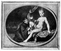 view M0001263: Reproduction of an illustration depicting a man attaching or removing a chasity belt on a nude woman sitting on a bed