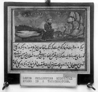 view M0001252: Reproduction of a mounted print of a miniature captioned "Hakim collecting medicinal herbs in a thunderstorm" possibly from an unknown South Asian manuscript