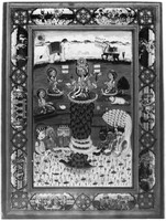 view M0001247: Reproduction of a gouache painting described as "Vishnu sits on top and at the bottom of mount Madura in his incarnation as Kurma (tortoise,) as the gods and demons churn the ocean to retrieve the nector and other treasures" by an unknown Indian painter