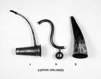 view M0001236: Three cupping appliances or vessels, comparing 2 metal types and a cupping horn