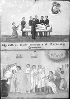 view M0001518: Photograph of two votive pictures showing an operation (top) and childbirth (bottom)