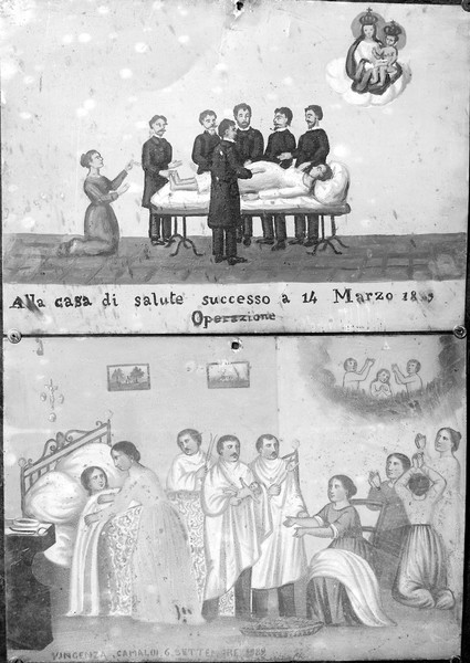 M0001518: Photograph of two votive pictures showing an operation (top) and childbirth (bottom)