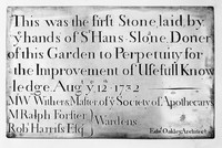 view M0001651: Reproduction of a copper tablet recording the stone laid by Sir Hans Sloane (1660-1753) in the Chelsea Physic Garden, London