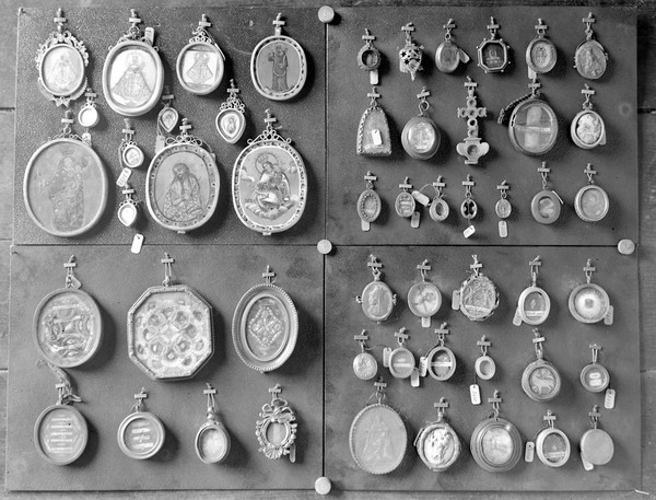 M0001524: Photograph of four groups of mounted religious medallions (Catholic and Orthodox)