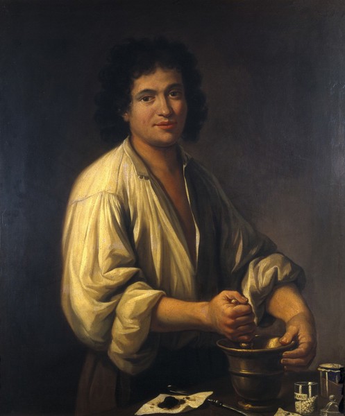 M0001669: Reproduction of an oil painting of an apothecary (a man using pestle and mortar)