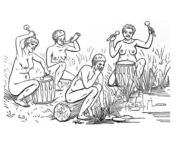M0001892: Book illustration of a group of women with musical instruments circling a pregnant woman, possibly depicting one of the stages of childbirth