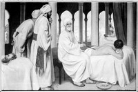 view M0001829: Reproduction of a painting depicting Albucasis, also known as Al-Zahwari or Abul-Qasim Khalaf ibn Abbas al-Zahrawi (-1013?), blistering a patient in a hospital at Cordova 1100 AD, by Ernest Board