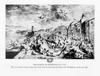 view M0001929: Reproduction of an illustration captioned "The plague in Marseilles in 1720. The scene shows convicts disposing of the dead by throwing the bodies into the bastions of the sea wall