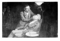 view M0001848: Reproduction of an oil painting depicting the first use of ether in dental surgery used by dental surgeon William Thomas Green Morton (1819-1868) in 1846, by Ernest Board