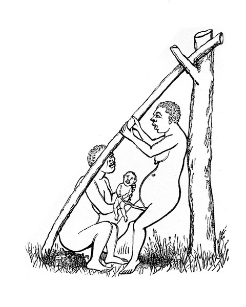 M0001868: Book illustration depicting the last stage of childbirth with the newborn infant and umbilical cord attached