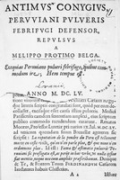 view M0001742: Reproduction of the damaged title page from Antimus Conygius Peruviani Pulveris febrifugi defensor repulsus a Melippo Protimo Belga, 1655