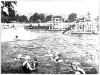 view M0003222: Open-air swimming bath, Pontypridd / M0003222EB: Two rowing boats with eight men teams and cox