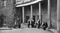 view M0002856: Girls sitting and standing around a colonnade at Ackworth School / M0002856EB: View from above of the courtyard at an unidentified school / M0002856EC: School boys standing on a sports field