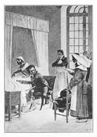 view M0003818: Laennec examines a consumptive patient with a stethoscope in front of his students at the Necker Hospital, 1816