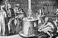 view M0003615: Alchemist at work and Michael Faraday in his chemical laboratory