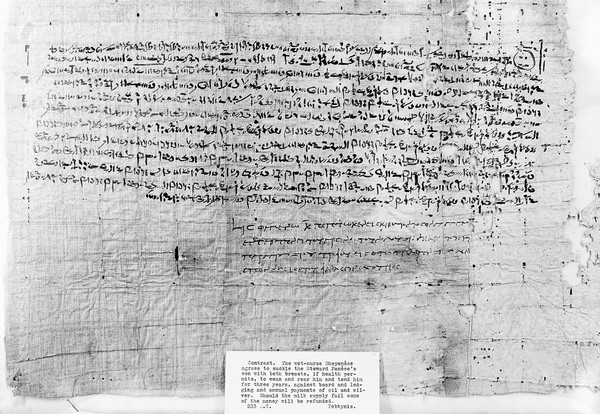 M0003497: Reproduction of a photograph of ancient Egyptian contract for a wet nurse