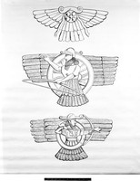 view M0004414: Drawing of emblems of a diety from Ninevah expedition by Sir Henry Layards, 1845