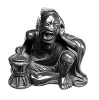 view M0004168EA: Wood Sambosa dancer holding hand to his face suffering face ache / M0004168EB: Carving of Myoga Zingiber (Japanese ginger)