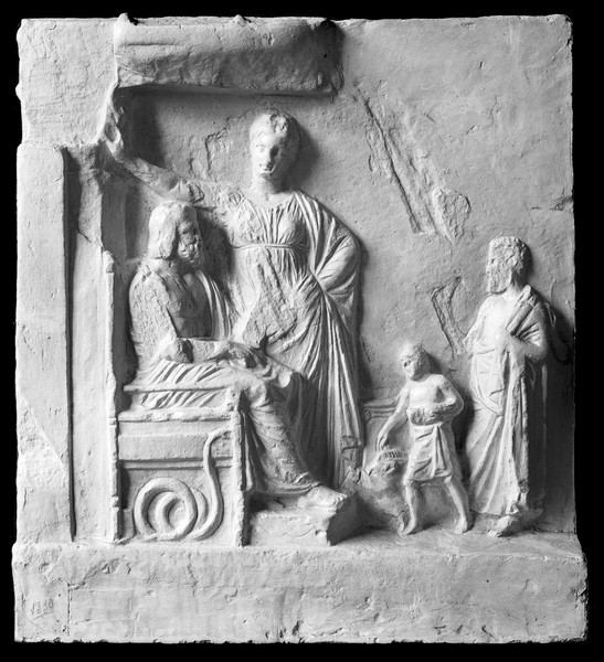 M0004637: Bas-relief fragment of Aesculapius, god of medicine, with Hygeia, goddess of health