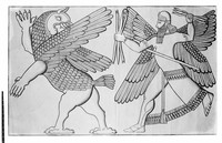 view M0004436: Drawing of Assyrian deity attacking a mythical creature