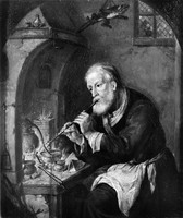 view M0005187: An alchemist blowing on a fire