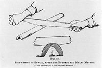 view M0005543: Illustration of a fire making method using a fire saw, after the Burmese and Malay method