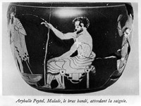 view M0004952: Greek pottery depicting a man waiting to be bled