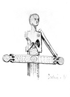 view M0005690: Albanian anthropomorphic grave cross with saw and crescent at ends of cross arms