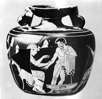 view M0004951: Greek vase depicting a seated man examining a standing man's arm