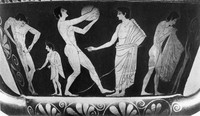 view M0004917: Section of a bowl decorated with an image of a gymnasium scene