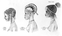 view M0005134: Illustration of three hairstyles worn by women in three regions of Mali