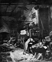 view M0005192: An alchemist at his furnace, hunched over bellows