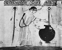 view M0005035: Decoration on an Attic white-ground lekythos: woman filling a hydria at a fountain