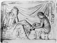 view M0004972: Woman receiving a foot bath: Roman bas-relief