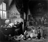 view M0005184: Alchemist in his laboratory, by a follower of David Teniers the younger