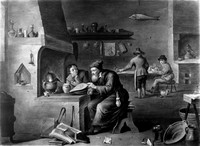view M0005186: An alchemist in his laboratory, by a follower of David Teniers the younger