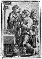 view M0005742: A tooth-drawer extracting a tooth from a standing patient, who is being pick-pocketed by a woman