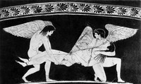 view M0004971: Hypnos and Thanatos carrying the corpse of Mennon: decoration on a Greek vase