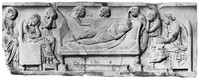 view M0004968: Bas relief of a mother on her death bed surrounded by children