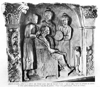 view M0004967: Alto relief showing four servants assisting at the toilet of a woman seated in a wickler chair