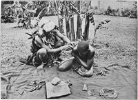 view M0005295: Zulu man making an incision in the shoulder of another, South Africa
