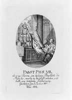 view M0005442: Prayer leaflet featuring an illustration of the leviation of Pope Pius VII while Reading Mass