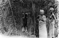 view M0005349: A group of women standing with a masked Bundu dancer, West Africa