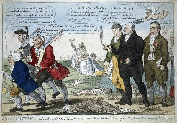 M0005397: Etching of Edward Jenner and two colleagues seeing off three anti-vaccination opponents, 1808