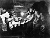 view M0006057: An alchemist examining a urine-flask containing a homunculus, attributed to David Ryckaert III